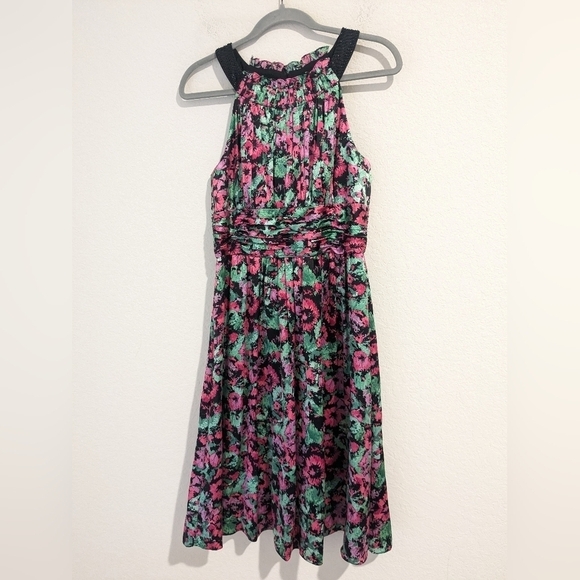 Kay Unger Pink Green Floral Ruched Silk Sleeveless Flowy Dress Glam Evening - Picture 3 of 11